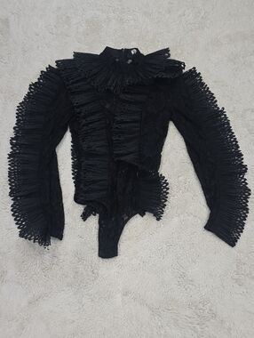 Black Lace Ruffled High-Neck Bodysuit